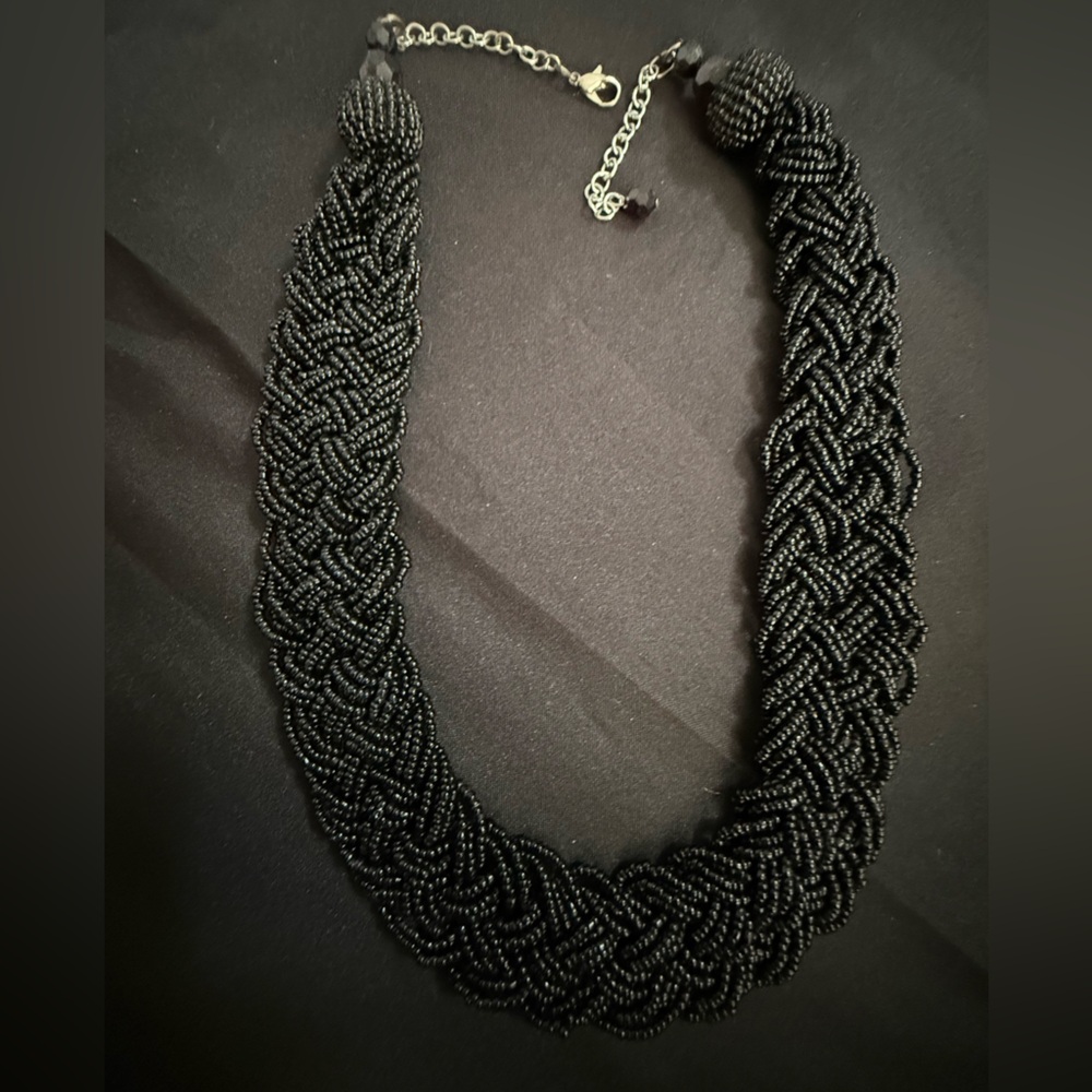 Black Beaded Braided Statement Necklace